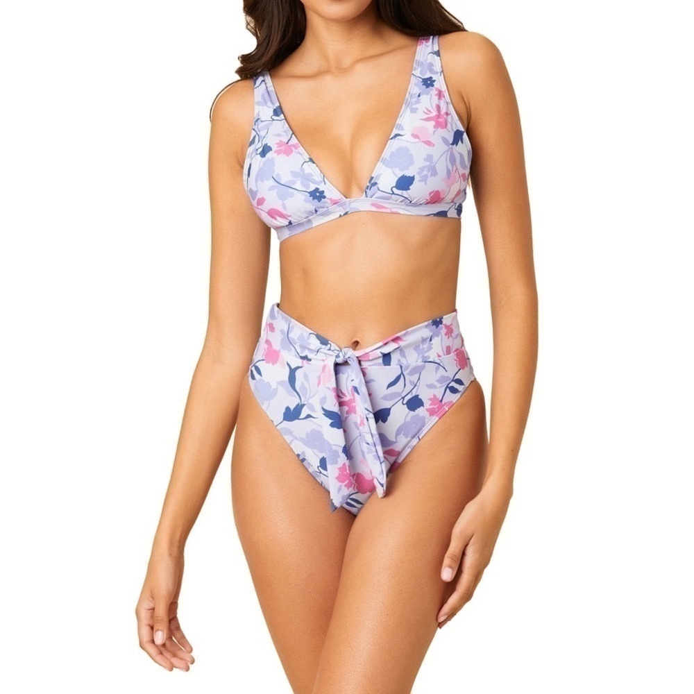 Splendid Bikini Floral Medium Triangle Top High Rise Bottoms Blue Pink New NWT